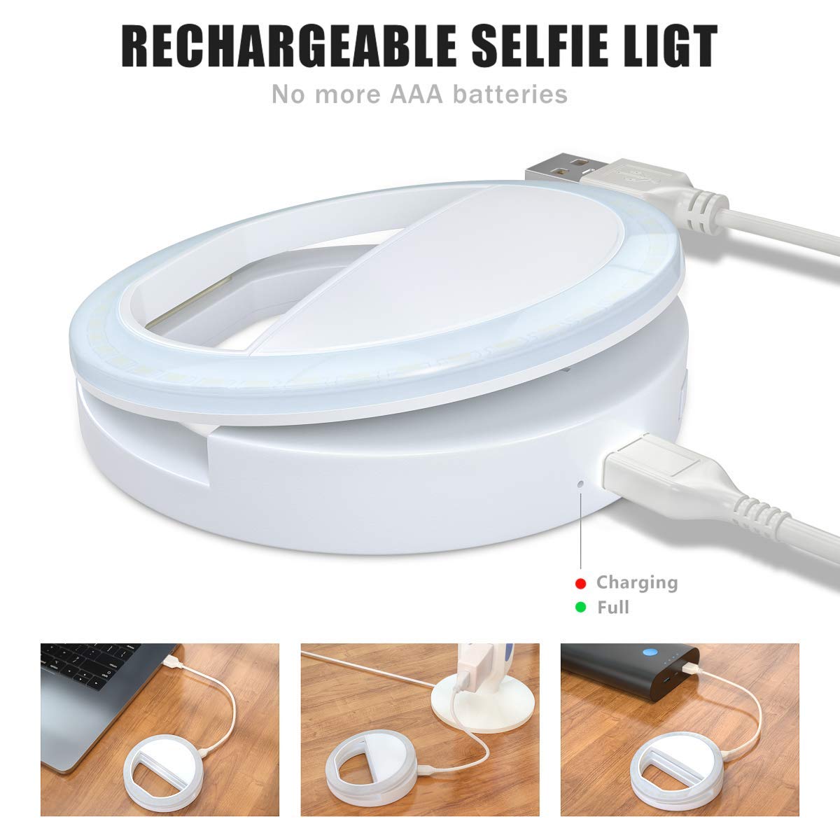Meifigno Selfie Ring Light, [Rechargeable] with 36 LED Lights, 3-Level Adjustable Brightness Clips On Phone Ring Light Compatible with iPhone 16 15 14
