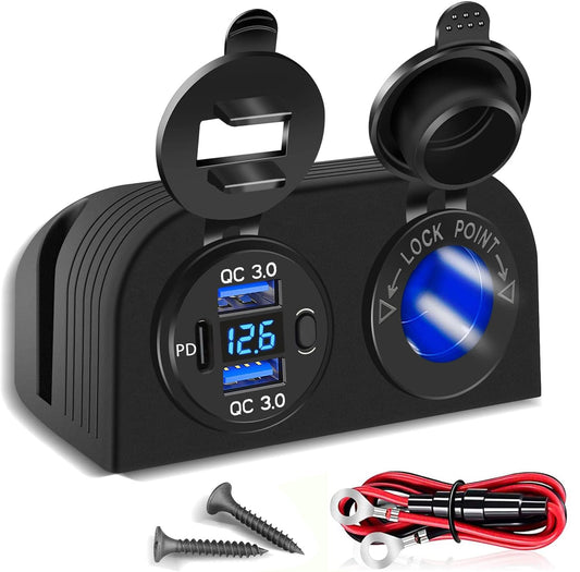 [Upgraded] Tent Type Panel 12V USB Outlet, Quick Charge PD3.0& Dual USB 3.0 Car Charger with LED Voltmeter & Switch+12V/24V Cigarette Lighter Socket