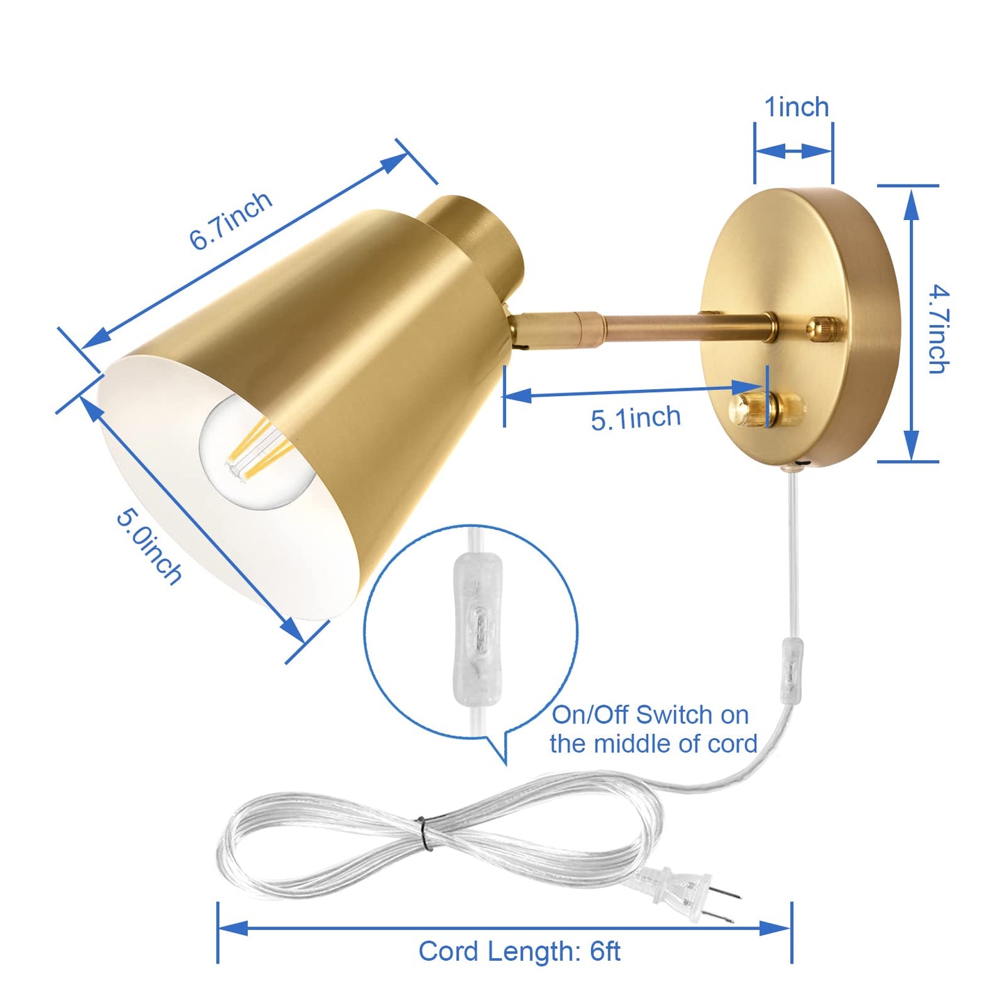 VATONI Plug in Wall Sconces, Dimmable Wall Sconces Adjustable Angle Wall Lights with Plug in Cord and Dimmer On/Off Knob Switch, Gold Wall Mounted