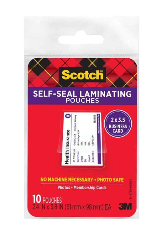 Scotch Self-Sealing Laminating Pouches, Business Card Size 2.4 in x 3.8 in, Great for Gift Tags, 10-Pack
