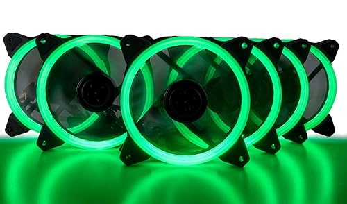 CUK 6-Pack Green Halo Ring 120mm LED Vibrant Color Computer Case Fan for CPU Coolers and Radiators - High Airflow 45 CFM & Anti-Vibration Pads