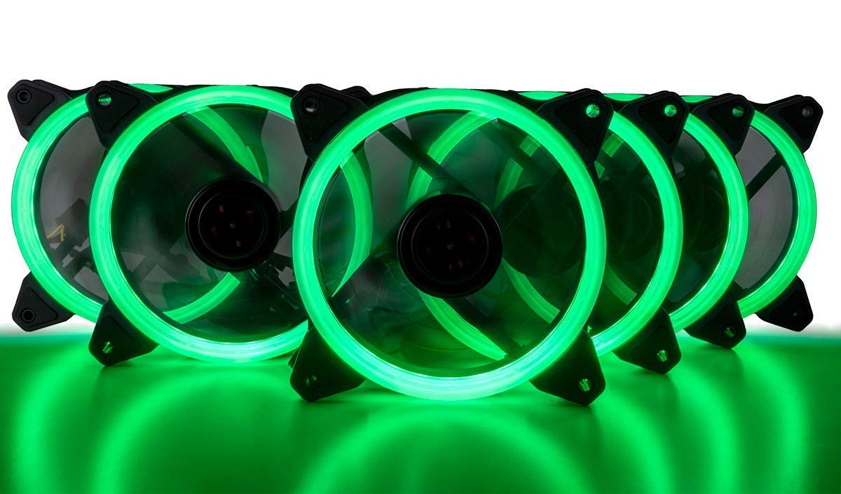 CUK 6-Pack Green Halo Ring 120mm LED Vibrant Color Computer Case Fan for CPU Coolers and Radiators - High Airflow 45 CFM & Anti-Vibration Pads