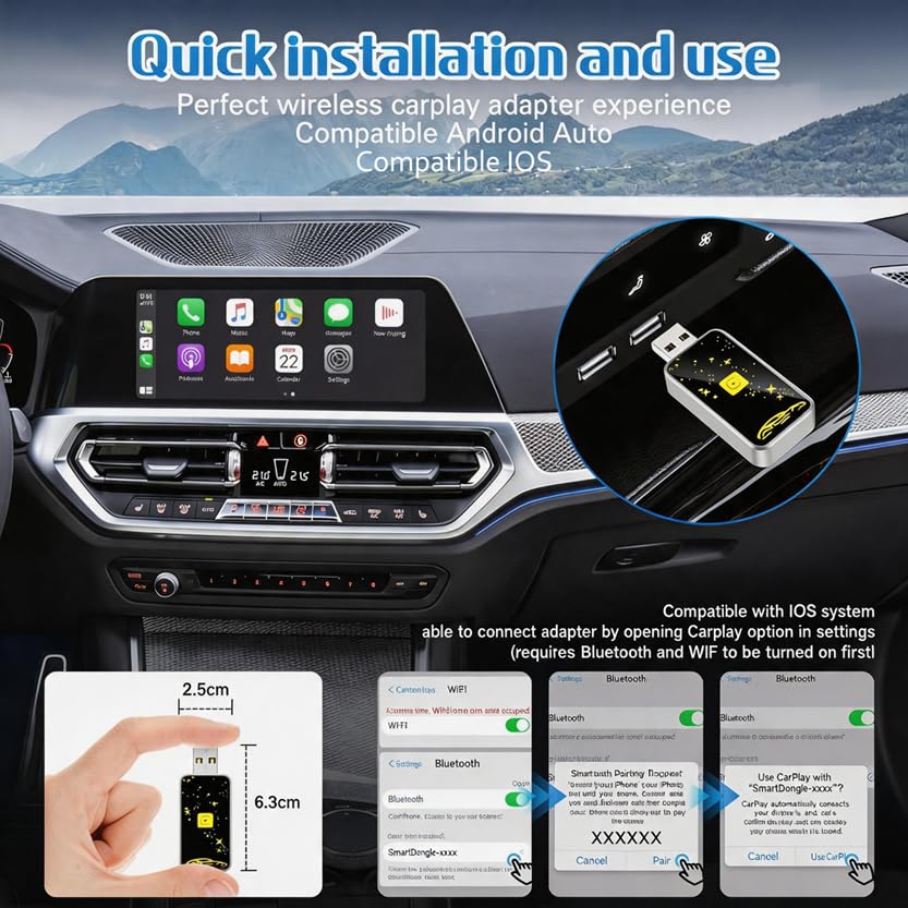 Mini Wireless Carplay Adapter for Apple for iPhone, 2026 Upgraded Convert Wired to Wireless Car Play Adapter,Fast Auto-Connect & No Latency