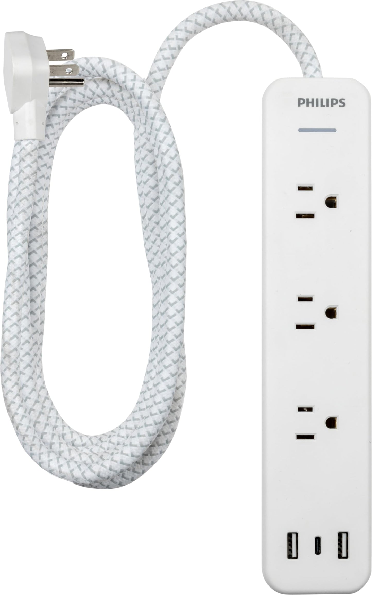 Philips EZFit 3-Outlet Adapter-Spaced Surge Protector, 6ft Braided Cord, Power Strip, Extension Cord with 2 USB-A and 1 USB-C, 490J, White