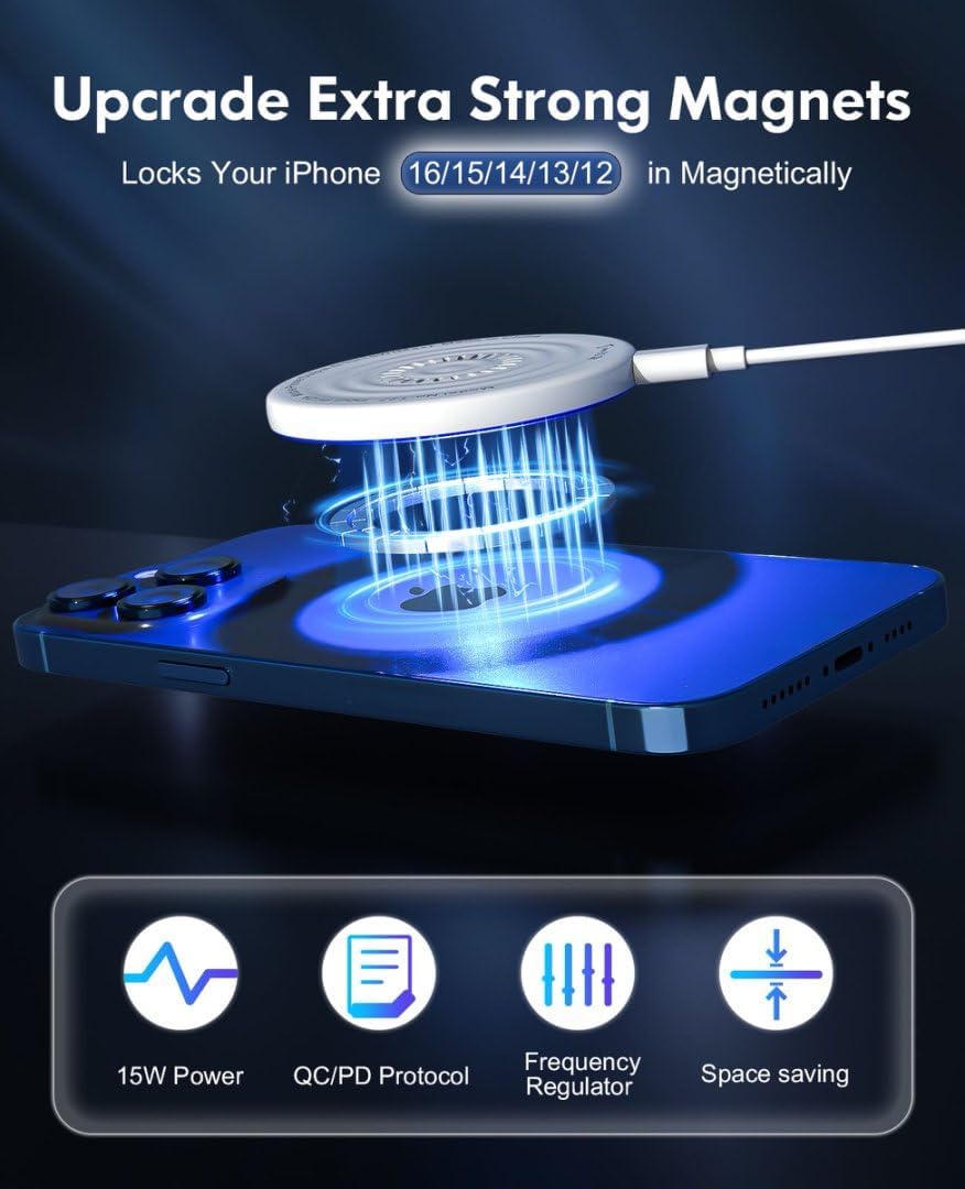 Magnetic Wireless Charger, 2Pack 15W Fast Charging Pad, Strong Magnet, USB-C/A Ports, Compatible with iPhone 17/16/15/14/13/12 Series/AirPods 3/2/Pro