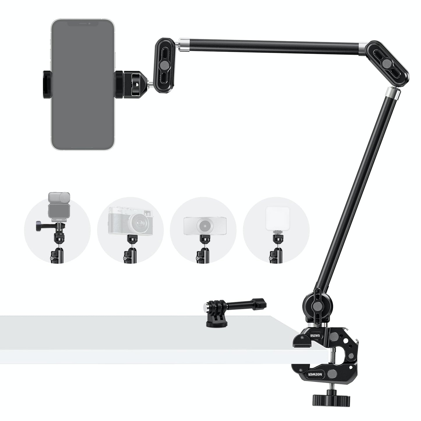 NEEWER 30" Articulating Magic Arm with Super Clamp/Action Cam Mount/Phone Holder, Overhead Camera Desk Mount Mic Boom Stand, Compatible with GoPro