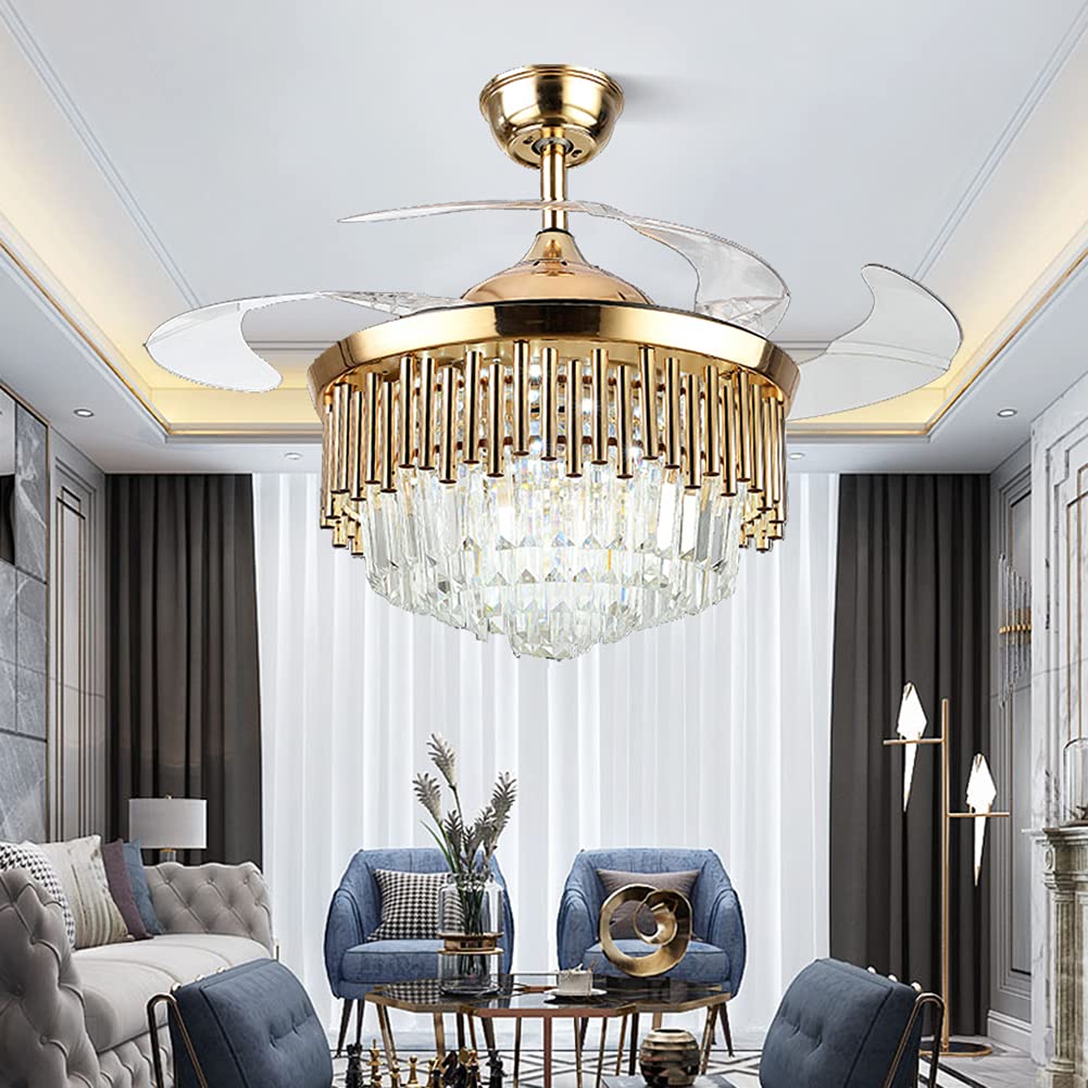Fandian Crystal Ceiling Fan with Light Remote Control Fandelier, Modern Retractable Luxury Chanmdeliers Fan with 3 Color Change LED Light 3 Speed