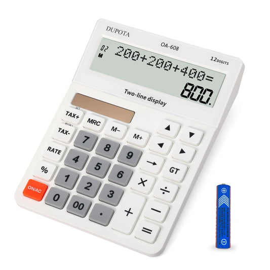 Desktop Calculator Large Display Big Buttons with 12 Digits 2-line LCD, Dual Solar Power and Battery, Calculator with Tax and Check Function