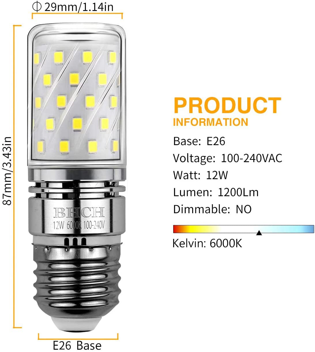 BHCH E26 LED Corn Bulbs, 12W, 6000K Daylight White, 1200LM, Edison Screw Base, 100W Incandescent Equivalent, Pack of 4
