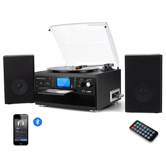 DIGITNOW Bluetooth Record Player Turntable with Stereo Speaker, LP Vinyl to MP3 Converter with CD, Cassette, Radio, Aux in and USB/SD Encoding, Remote