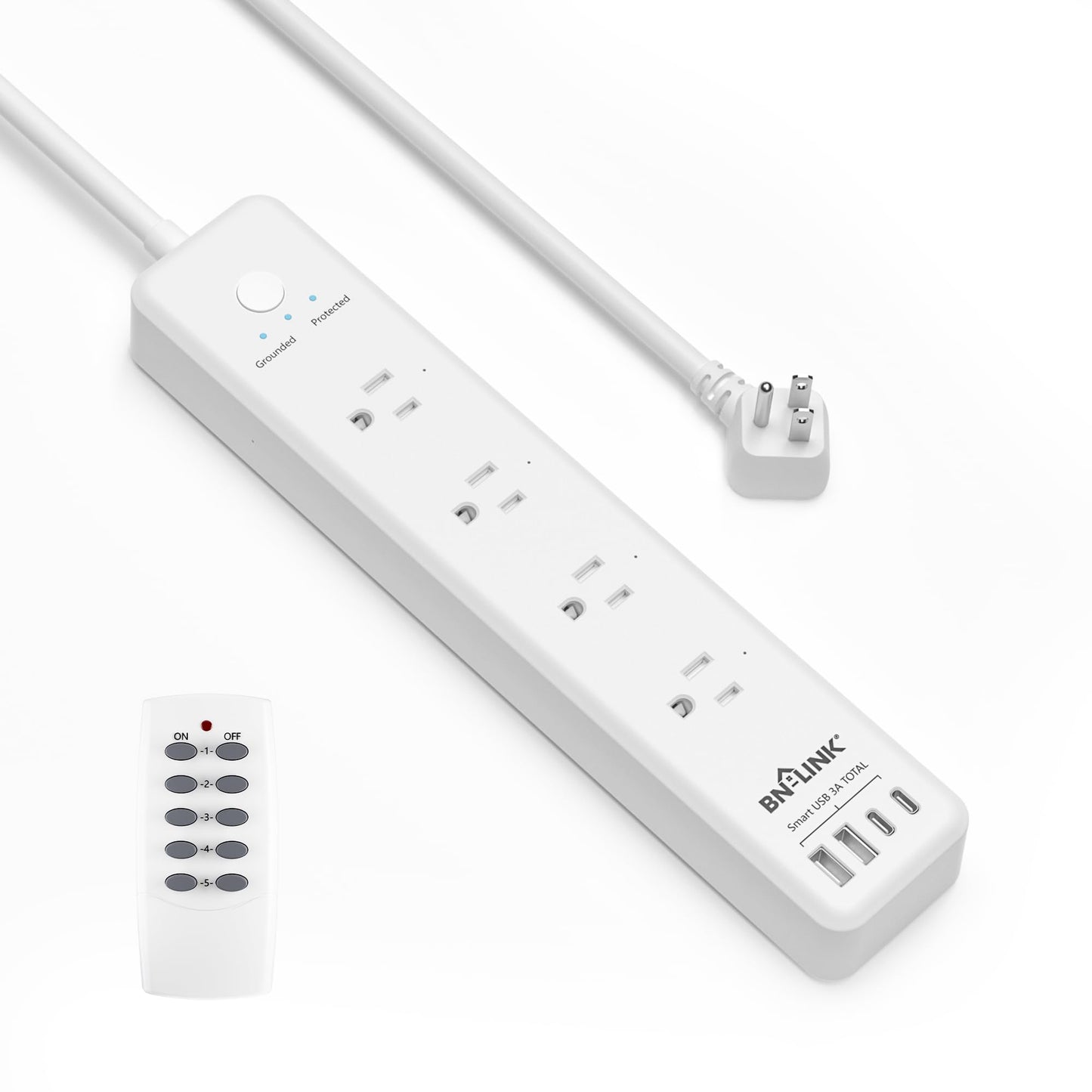 BN-LINK Remote Control Power Strip with 4 Independent Outlets?4 USBs (incl. 20W USB-C), 3.9Ft Extension Cord, 15A/1875W Overload Protection, Wall