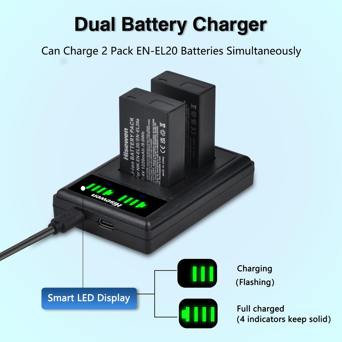 Hisewen EN-EL20 EN-EL20a Battery and Dual Charger for Nikon Coolpix P950, P1000, DL24-500, Coolpix A, 1 AW1, 1 J1, 1 J2, 1 J3, 1 S1, 1 V3 Digital