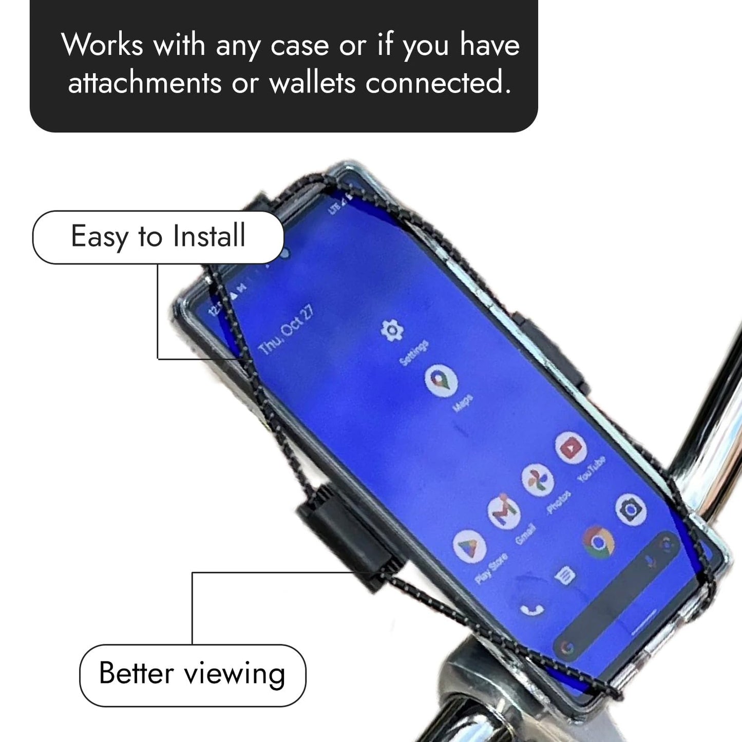 BiKase ElastoKASE Universal Bike Phone Mount, Flexible Rubber Handlebar Holder for Smartphones, Secure Shock Cord Grip, Fits iPhone & Samsung Galaxy