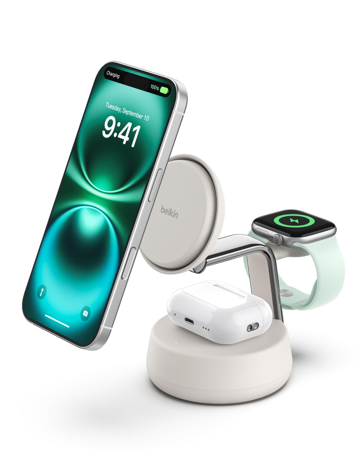 Belkin MagSafe Charger Compatible, 3-in-1 Charging Station, Qi2.2 25W w/Cooling Fan (On/Off Control) Magnetic Wireless Charger for iPhone 17, Apple
