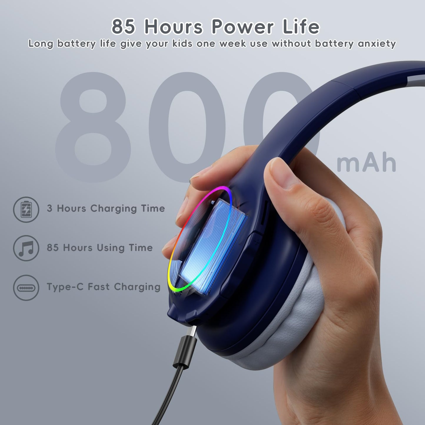 Candy Bila Kids Bluetooth 6.0 Headphones with LED Light, 85Hours Playtimes, Type-C Fast Charging, 85/94dB Volume Limited, Comfort Wireless Headphones…