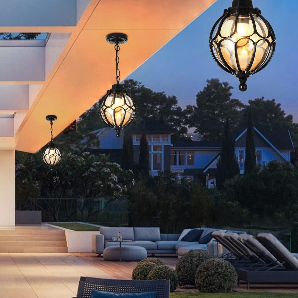 SLAWA Outdoor Pendant Light For Porch Farmhouse Exterior Hanging Lights With Adjustable Chain Anti-Rust Aluminum With Ball Amber Glass Waterproof