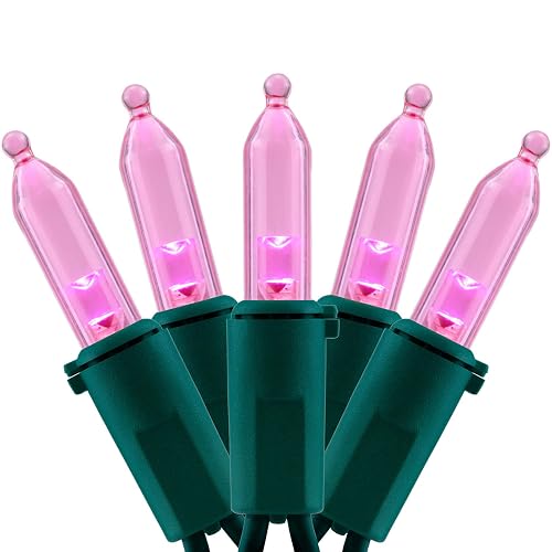 YULETIME 200 Pink LED Christmas Lights, 66 ft Green Wire UL String Light