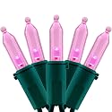 YULETIME 200 Pink LED Christmas Lights, 66 ft Green Wire UL String Light