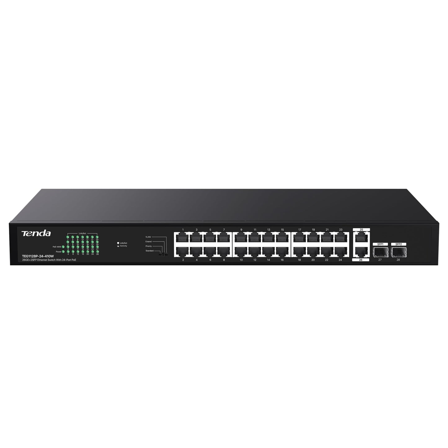 Tenda 28 Port Gigabit PoE Switch, Network Switch with 24 Port PoE+@410W, 2*Gigabit Uplink & 2*SFP, Plug & Play, One-Key VLAN/Priority/Extend Mode