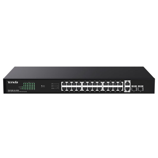 Tenda 28 Port Gigabit PoE Switch, Network Switch with 24 Port PoE+@410W, 2*Gigabit Uplink & 2*SFP, Plug & Play, One-Key VLAN/Priority/Extend Mode