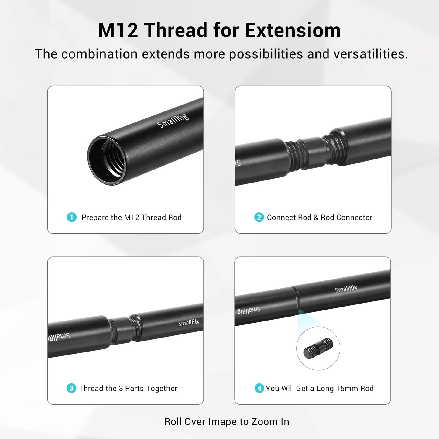 SMALLRIG 15mm Rods Pack with M12 Thread Rod Cap Connectors Aluminum Alloy Rods Combination for for Rig Mattebox Follow Focus 15mm Rod System - 1659