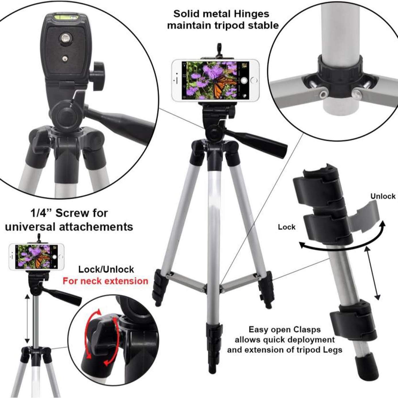 DIGIANT 50 Inch Aluminum Camera Phone Tripod+ Universal Tripod Smartphone Mount for Apple, iPhone Samsung and Other Brands Smartphones+Carrying Bag