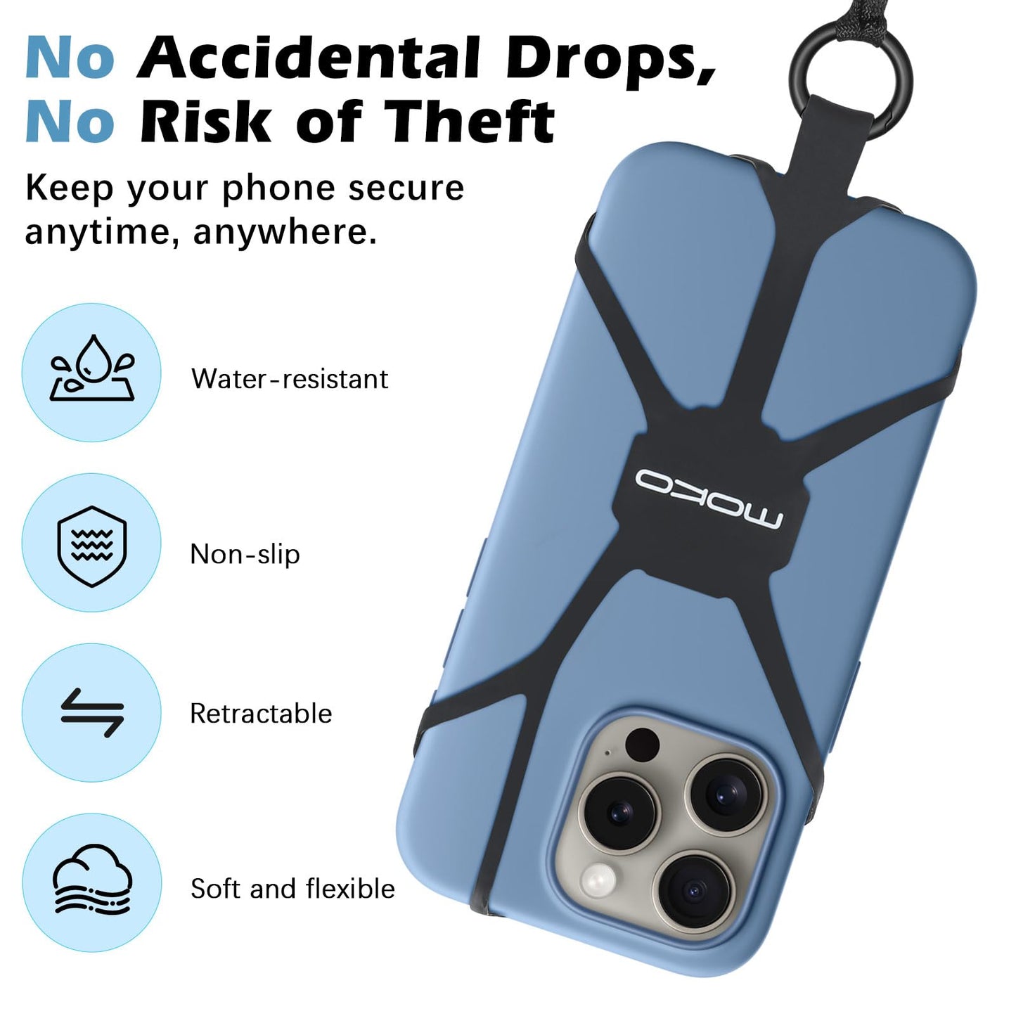 MoKo Retractable Phone Tether Lanyard, Anti-theft Cell Phone Strap with Silicone Sleeve-Fits up to 6.8" Phones, 360° Metal Tether Tab Cellphone Leash