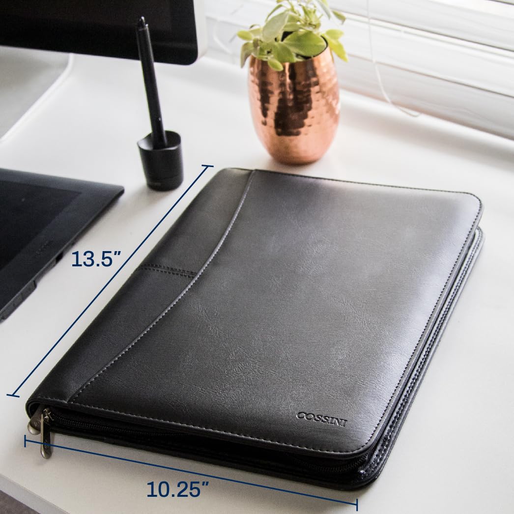 Cossini Black Superior Vegan Leather Business Portfolio with Zipper - Padfolio All-in-One. Smartest Protective 10.1 Inch Tablet Sleeve, Presentation