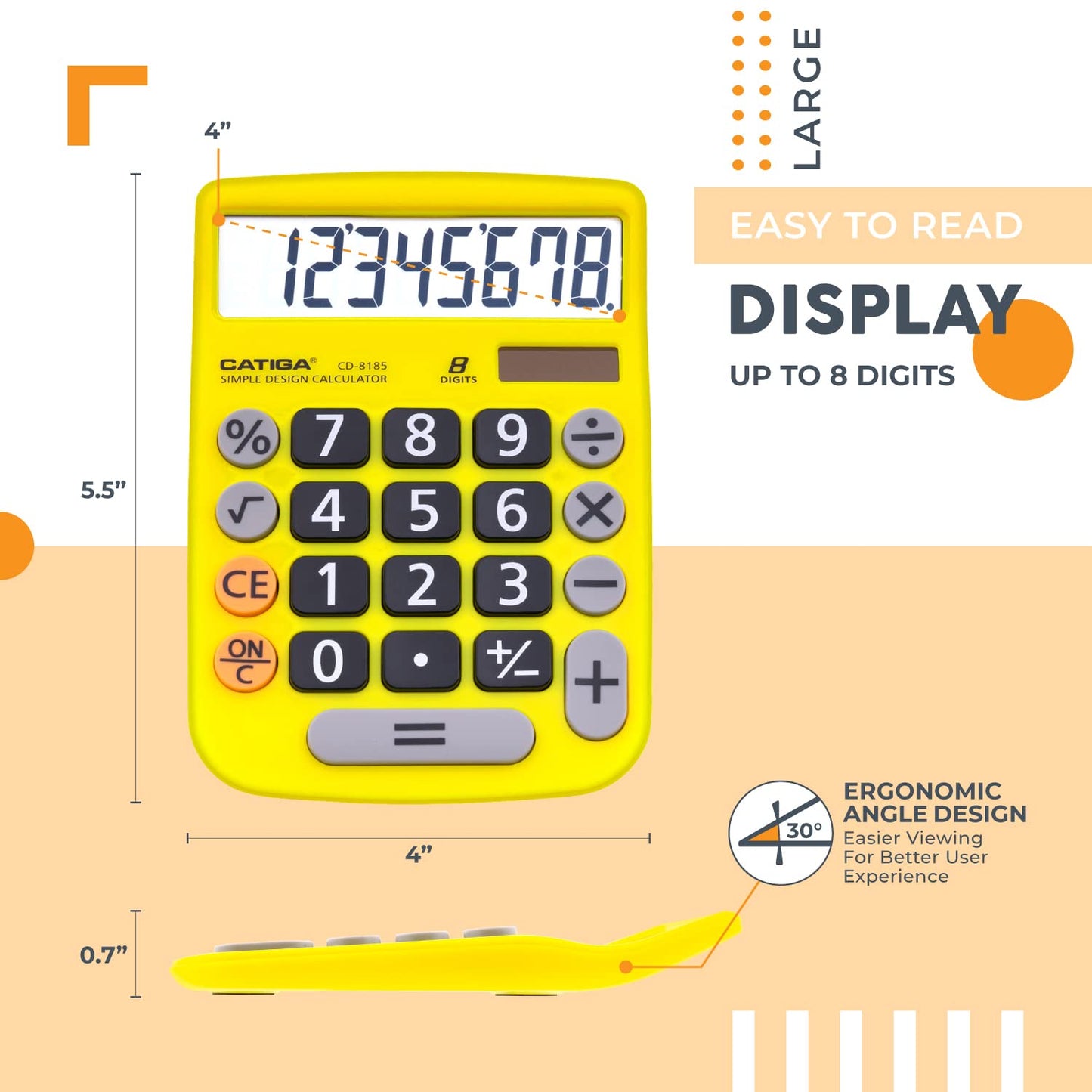 CATIGA Desktop Calculator 8 Digit with Solar Power and LCD Display, Big Buttons, for Home, Office, School, Class and Business, 4 Function Small Basic