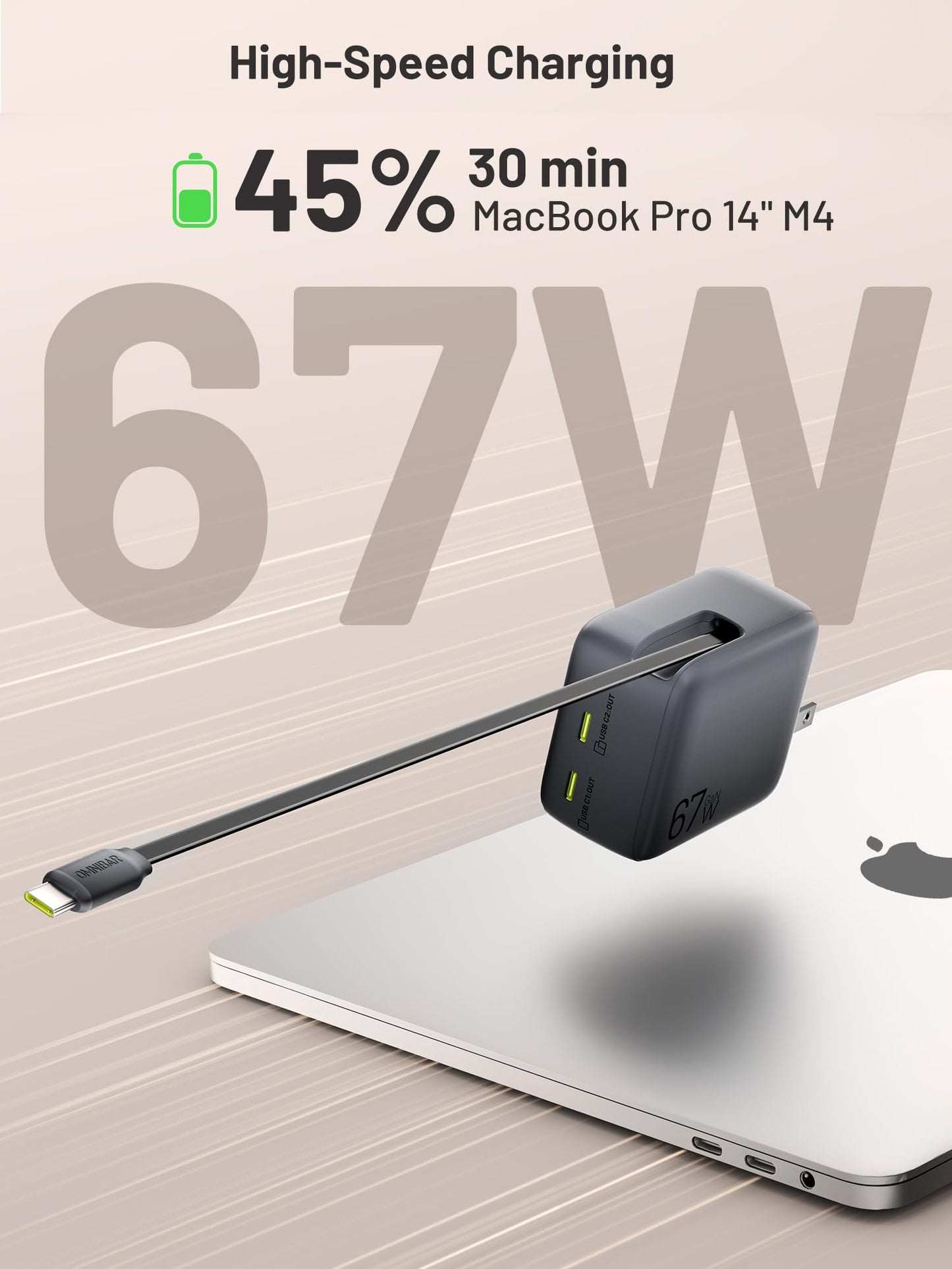 Omnibar USB C Retractable Wall Charger, 67W Max 3 in 1 GaN Fast Charging Block with Foldable Plug, Compact PD PPS USB C Charger Block for iPhone