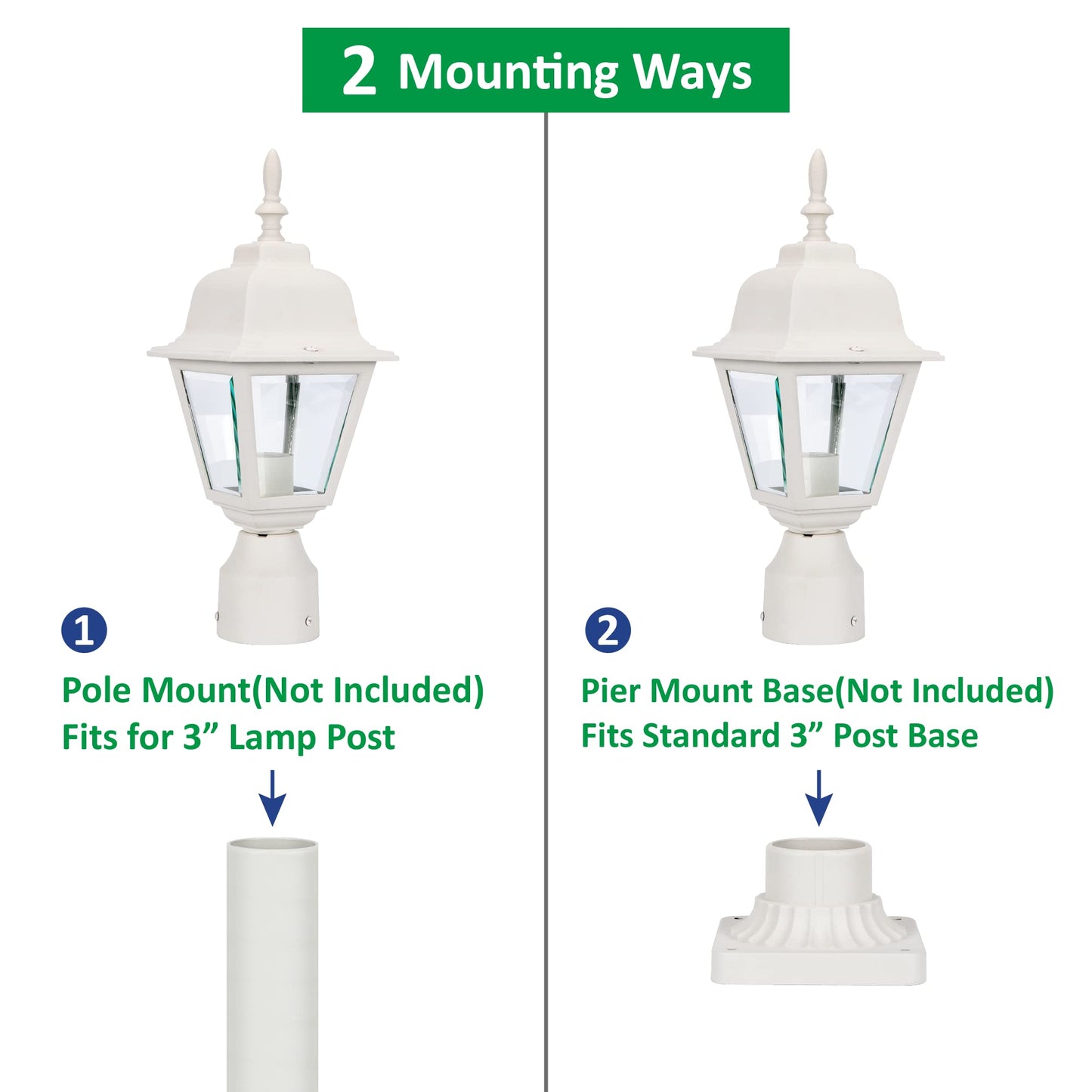 LIT-PaTH Outdoor Post Lighting Fixture Pole Lantern, E26 Medium Base Max 60W, Aluminum Housing Plus Clear Glass, Bulb Not Included, Matte White