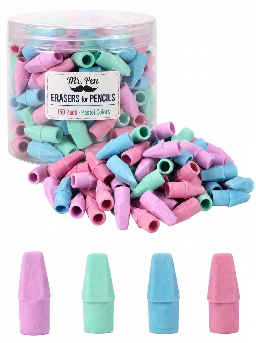 Mr. Pen- Pencil Top Erasers, 150 Pack, Pastel Colors, Latex-Free, No-Smudge Cap Pencil Erasers for Precise Erasing, Kids, Teachers, Studying Supplies
