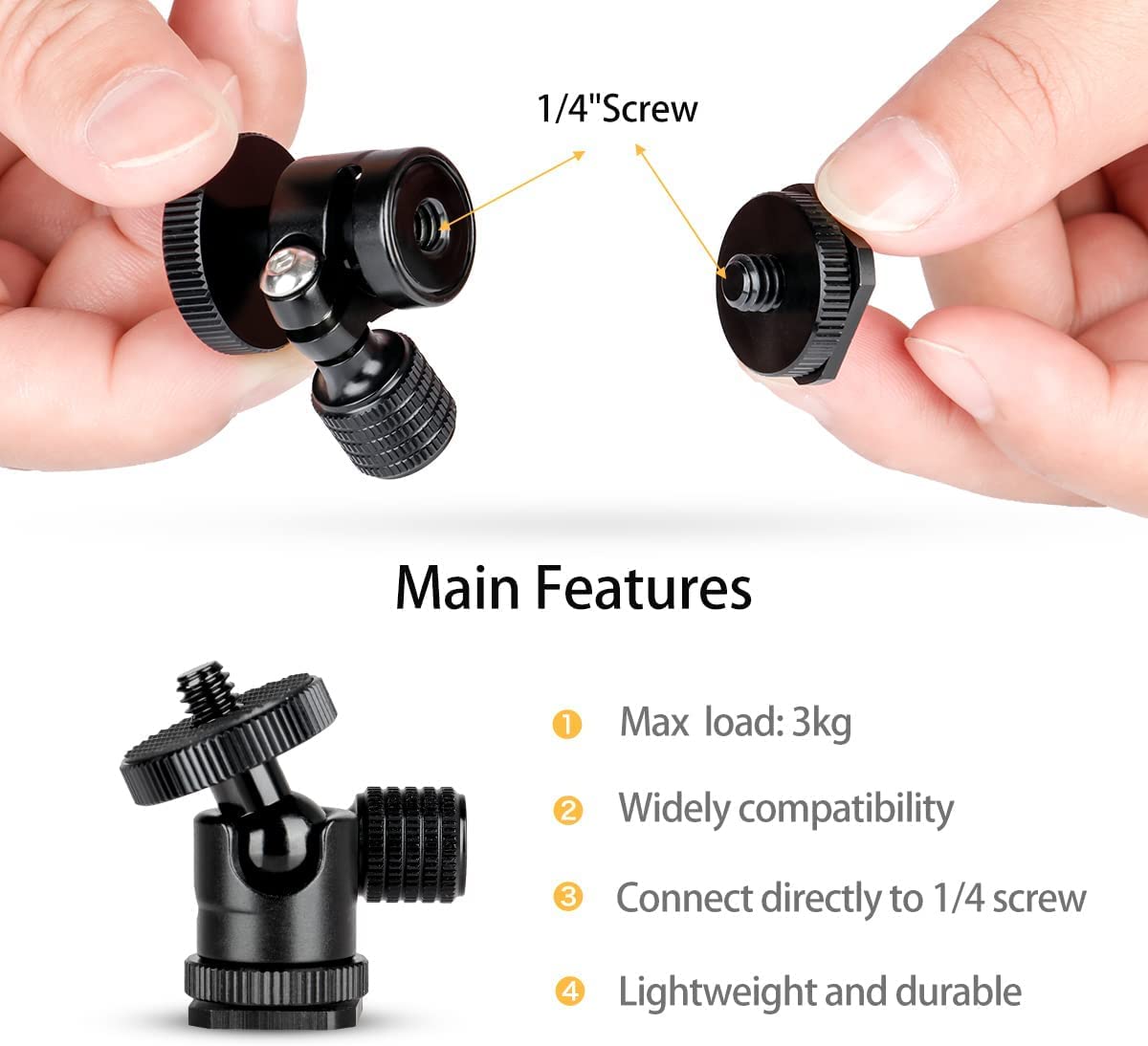 koolehaoda 1/4 Mini BallHead & Hot Shoe Mount Adapter for Camera Video Light Tripod Monopod (1/4 Ball Head)
