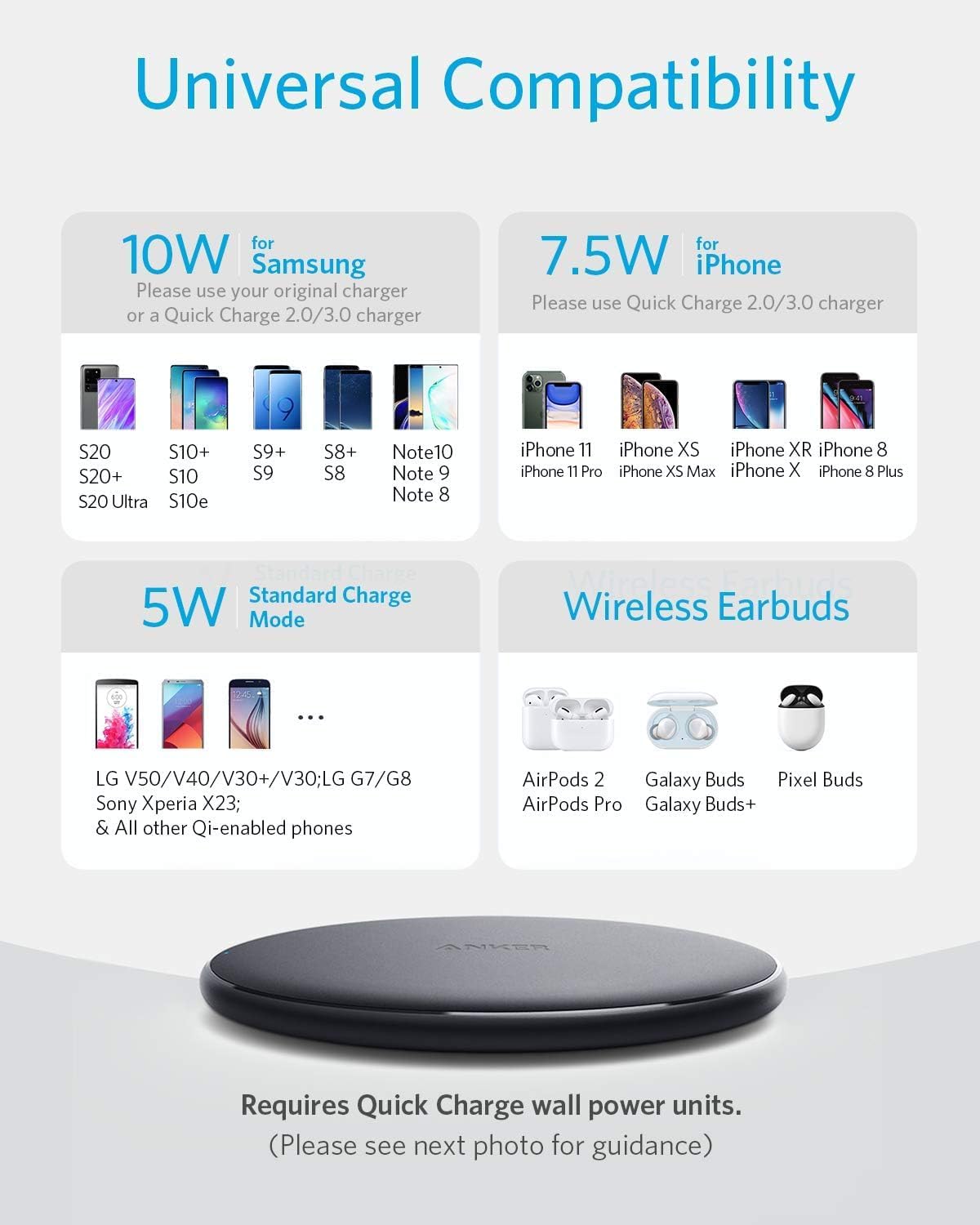 Anker 313 Wireless Charger (Pad), Qi-Certified, 10W Max Fast Charging for Samsung, Compatible with iPhone 16 Plus/15 Plus/14 Plus/12, AirPods (No AC