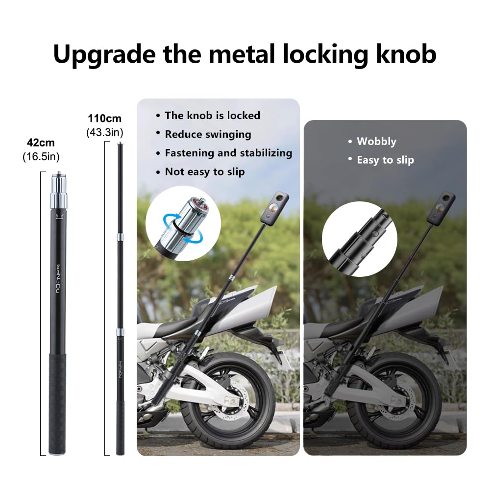360 Camera Motorcycle Mount Kit - Telescopic Selfie Stick 17-43" with 360° Handlebar Clamp - Compatible with GoPro Insta360 Action Cameras - Aluminum