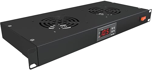 Rack Mount Fan - 2 Fan Server Cooling System - 1U 19" Rackmount Cabinet Panel Adjustable Temperature Control (Digital Heat Monitor Display) Sensor