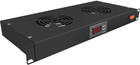 Rack Mount Fan - 2 Fan Server Cooling System - 1U 19" Rackmount Cabinet Panel Adjustable Temperature Control (Digital Heat Monitor Display) Sensor
