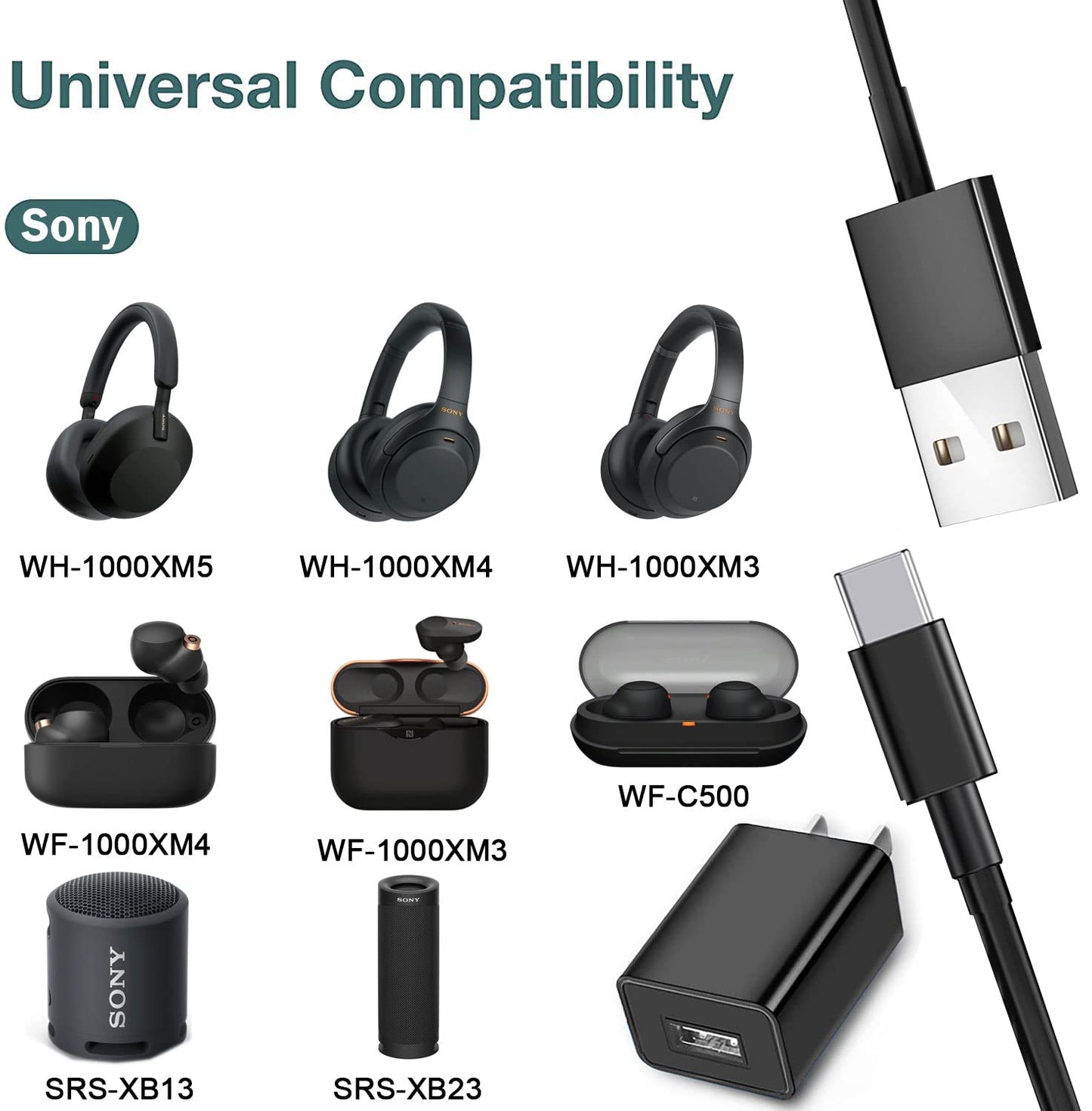 Charger Cable for Sony WH-1000XM5 1000XM4 1000XM3, WHCH710N, H910N WF-1000XM4 1000XM3, C500 WI-1000XM2 C200 XB400 SRS-XB13 XB23 Portable Speaker
