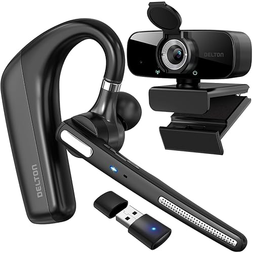 Delton Wireless Headset with 1080p Webcam, Single-Ear Bluetooth Computer Headset with Charging Case, Noise Canceling Mic, USB Dongle…