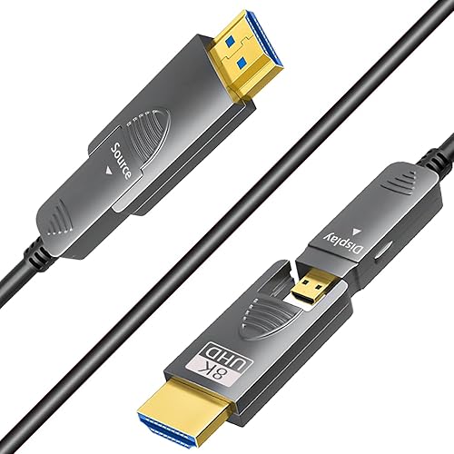 SkyeySnail 30ft 8K Fiber Optic HDMI Cable, Micro HDMI to HDMI 2.1, Detachable Type A+D, 48Gbps Ultra Speed, HDR, 3D, eARC, in Wall CL2 / CL3 Rated