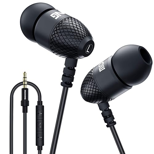 MOXKING Wired Durable Metal Earphones Earbuds w Microphone and Volume Control, Deep Bass Clear Sound Noise Isolating in Ear Headphones, Ear Buds