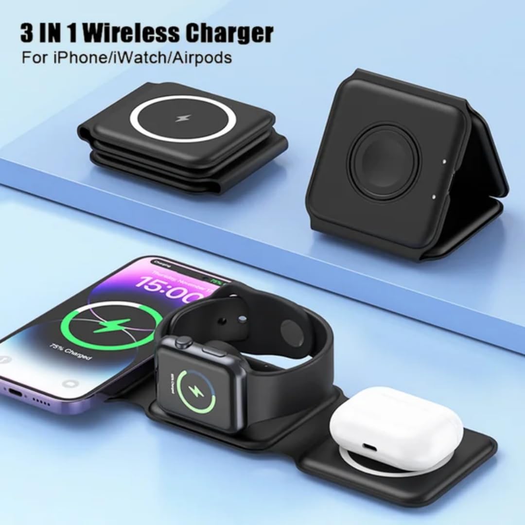 AA LLC Charging Station is Compatible with Apple Multiple Devices - 3 in 1 Foldable Magnetic Wireless Charger Dock-Travel Charging Pad for iPhone 16