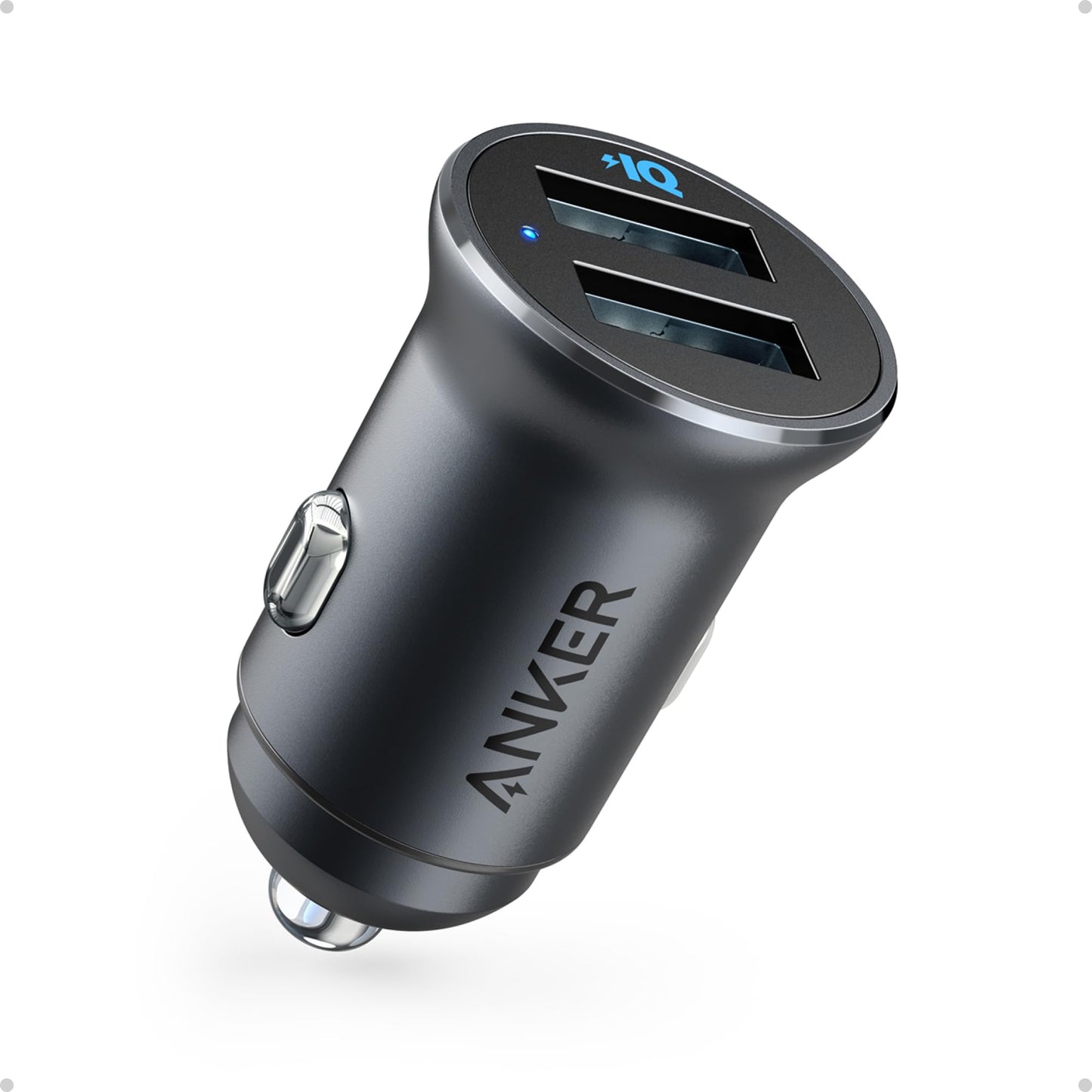 Anker 320 Car Charger (24W II), Mini Aluminum Alloy Dual USB with Blue LED for iPhone16 15 14 13 12 Series, iPad Pro/Air 2/Mini, Galaxy and More - Not