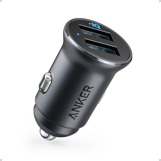 Anker 320 Car Charger (24W II), Mini Aluminum Alloy Dual USB with Blue LED for iPhone16 15 14 13 12 Series, iPad Pro/Air 2/Mini, Galaxy and More - Not