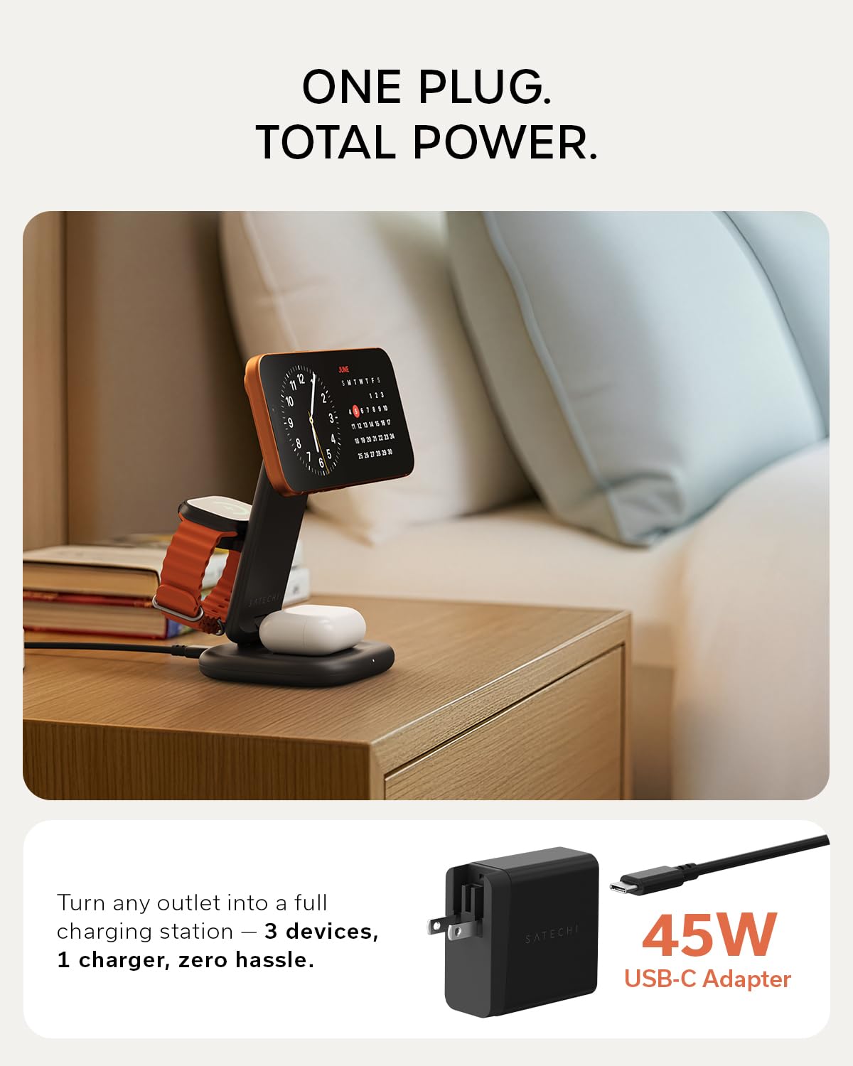 Satechi 3-in-1 Qi2 Wireless Charging Station, 25W Fast Magnetic Charger, Foldable Charging Stand for iPhone 17, Apple Watch Series 11, AirPods, 45W