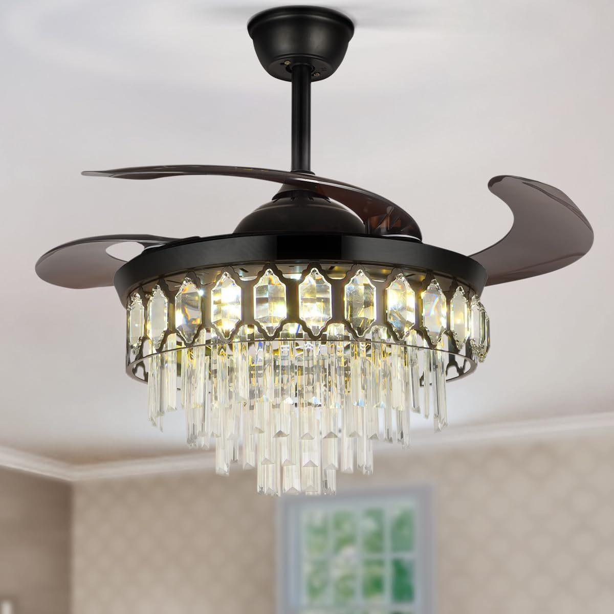 A Million 42" Modern Ceiling Fan with Light Crystal Black Chandelier Remote Retractable Amber Blades 3 Speeds 3 Colors Ceiling Fans Lighting Fixture