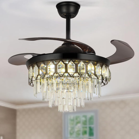 A Million 42" Modern Ceiling Fan with Light Crystal Black Chandelier Remote Retractable Amber Blades 3 Speeds 3 Colors Ceiling Fans Lighting Fixture