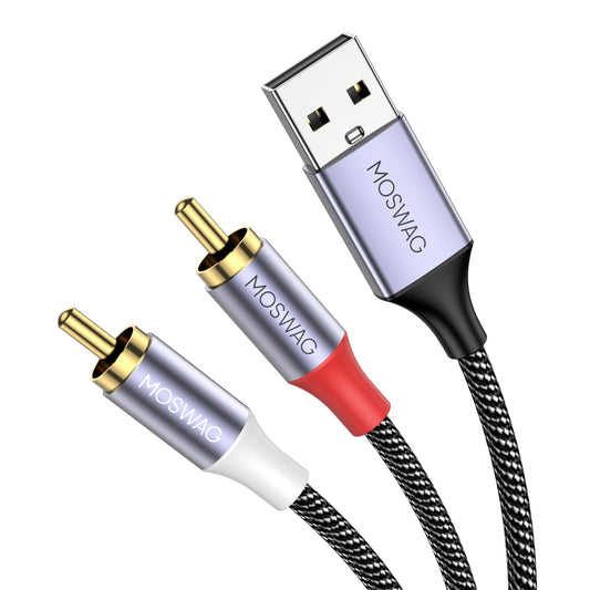 MOSWAG USB to RCA Audio Cable, USB to Stereo Audio Cable Y Splitter Cord Jack Converter, Nylon Braided RCA Adapter Compatible with Laptop, PC, DVD