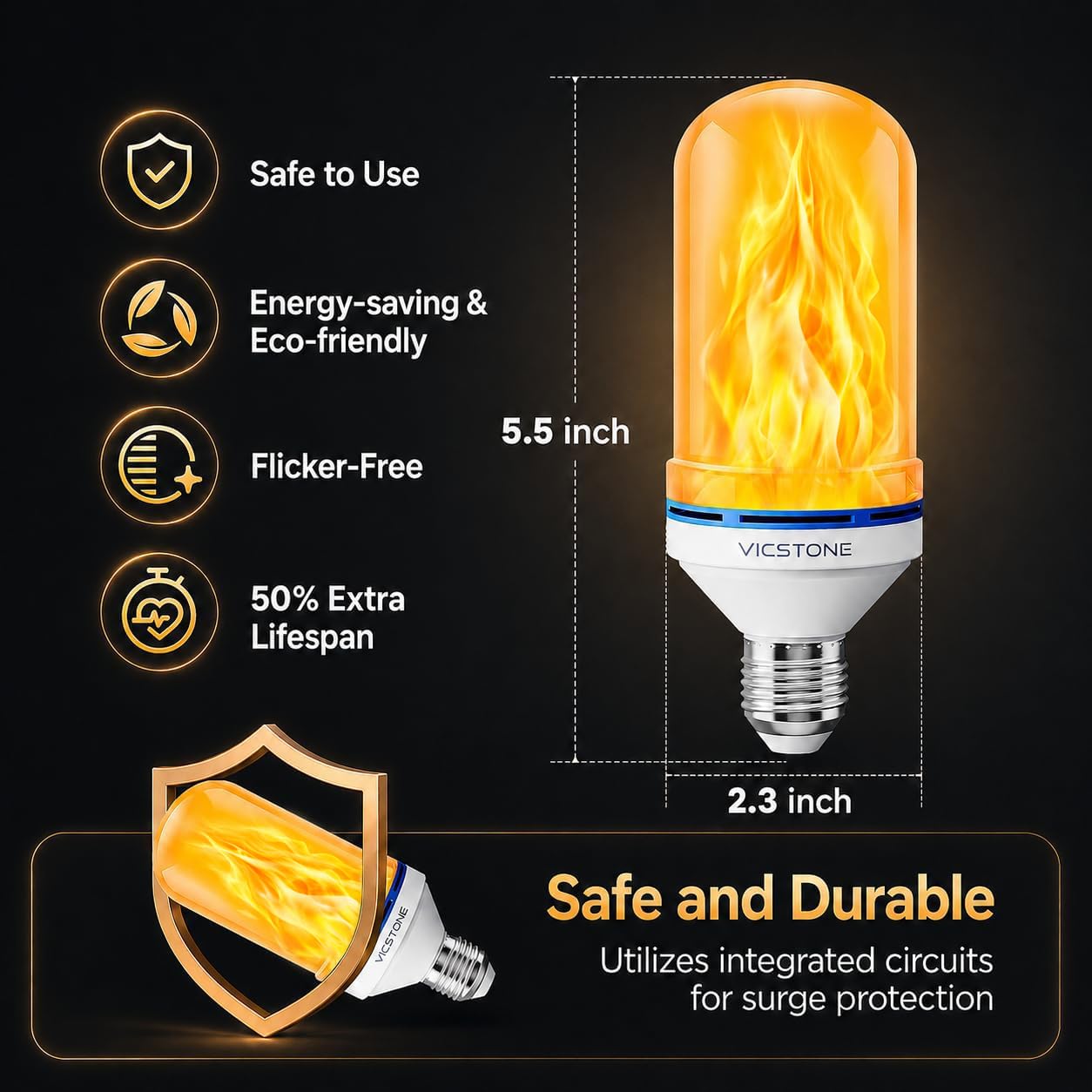 Vicstone Upgraded E26 Dusk to Dawn Flame Light Bulbs Outdoor, 4 Modes