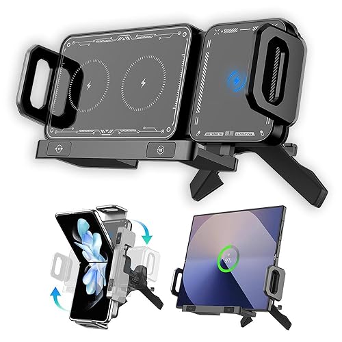 Famous Tech Shop Wireless Car Charger Mount 15W Fast Charging Phone Holder with Auto Rotation, Dual Mount Dashboard and Windshield Car Phone Holder